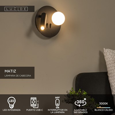 Lucide MATIZ - Lámpara de cabecera / Lámpara de pared - Ø 16,5 cm - LED - 3000K - Con punto de carga USB - Negro